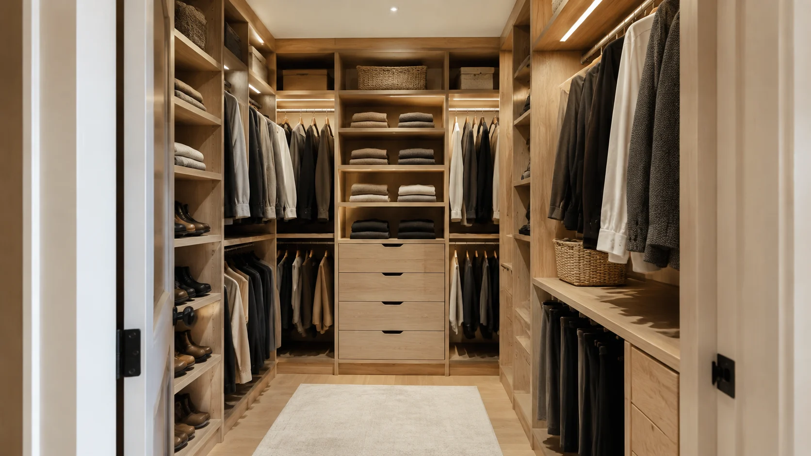 Walk-in closet concept with light timber cabinetry, hanging sections, drawers, and open shelves