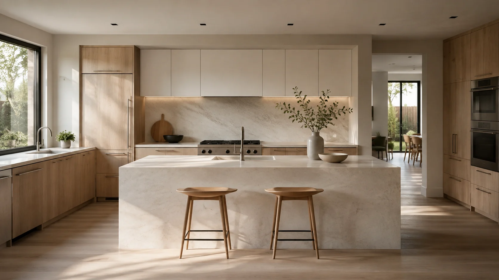 Kitchen concept with light oak cabinets, a pale stone island, and two wooden stools
