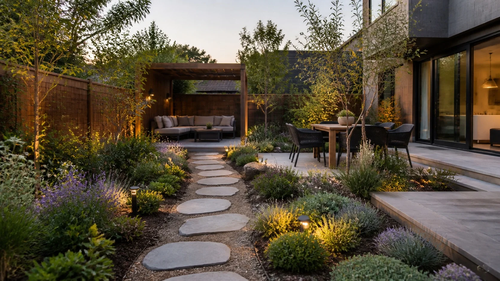Backyard concept with a stone path and planting beside a patio