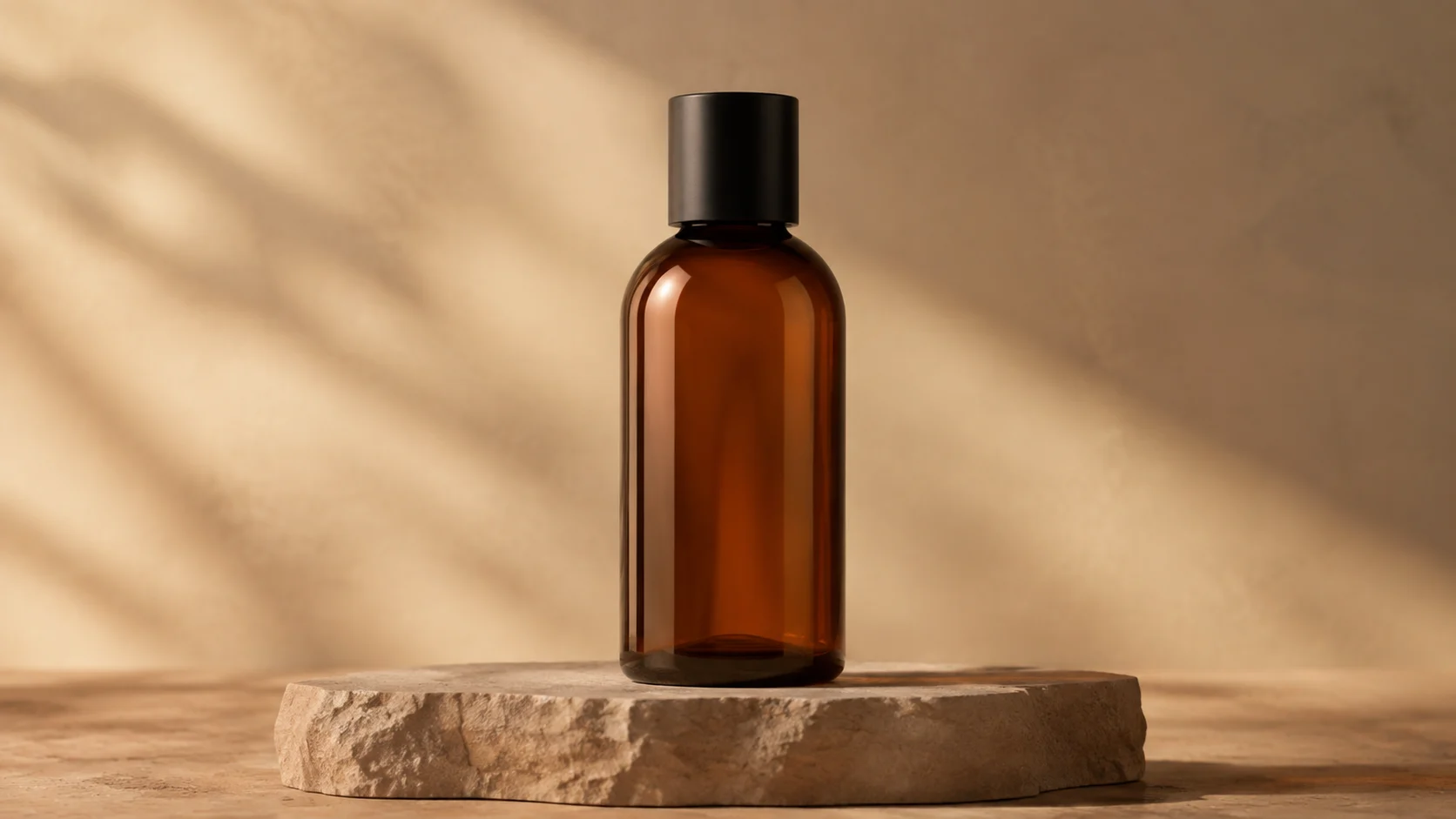 Illustrative amber glass bottle on a stone plinth, used as a product-video reference