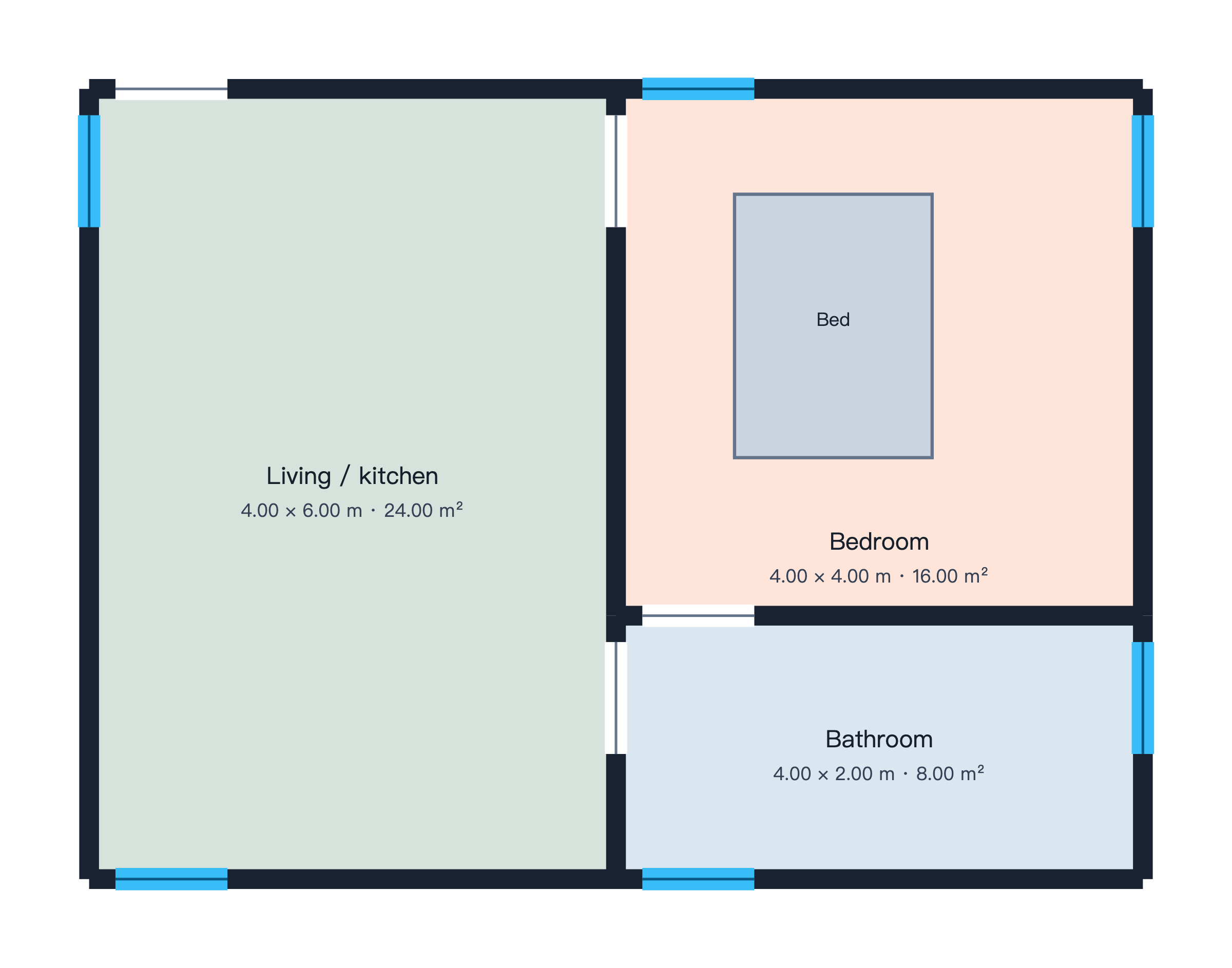 Actual exported two-dimensional plan with room zones, openings and furniture