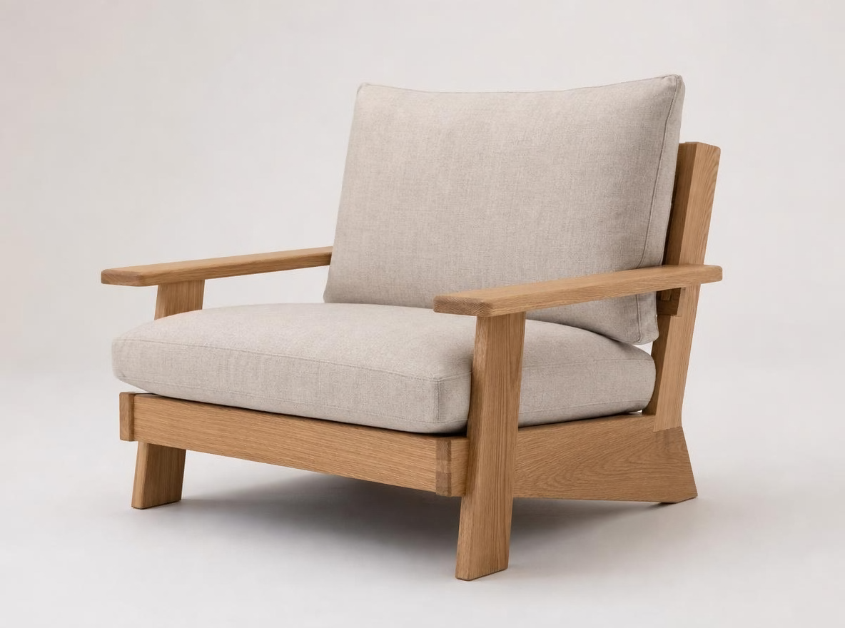 Actual oak and linen chair concept generated from the recorded 90 centimeter brief