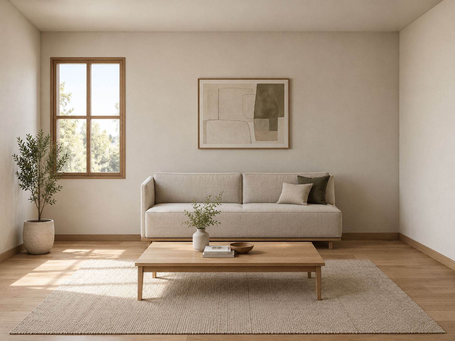 Modern oak living room rendered from a line sketch